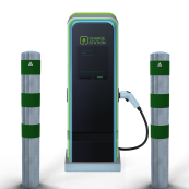 Impact protection bollards | as e-charging post protection |  152 mm | hot-dip galvanized with 3 green reflective strips foil type RA1/A | for casting in concrete